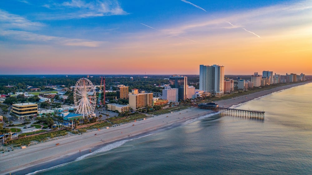 Myrtle Beach, SC from aerial drone view at sunset